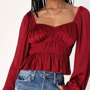 FINAL SALE Lulu’s Sophisticate Wine Red Satin Ruched Long Sleeve Top